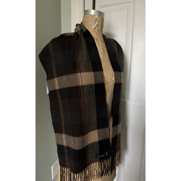 CLUB ROOM Men's Plaid 100% Cashmere Scarf Brown Beige Black Fringe 65x12” - Picture 5 of 13